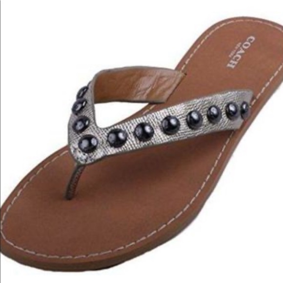 Coach Shoes - Coach Cascade Leather Metallic Beaded Flip Flops